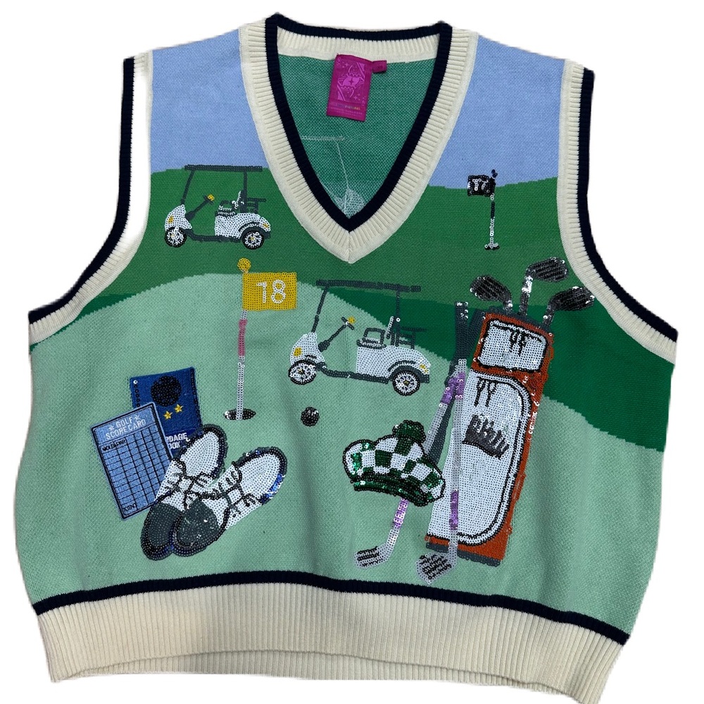Queen of Sparkles Golf Patterned Sweater Vest XS Like New